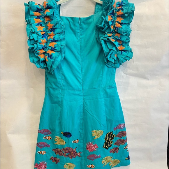 Queen of Sparkles Aqua Fish Ruffle Sleeve Dress size Small - Picture 4 of 6